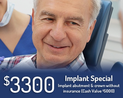 Senior dental patient with text that says 3300 dollar dental implant special implant abutment and crown without insurance cash value 5000 dollars