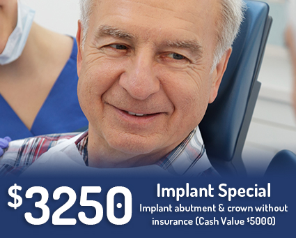 Senior dental patient with text that says 3250 dollar dental implant special implant abutment and crown without insurance cash value 5000 dollars